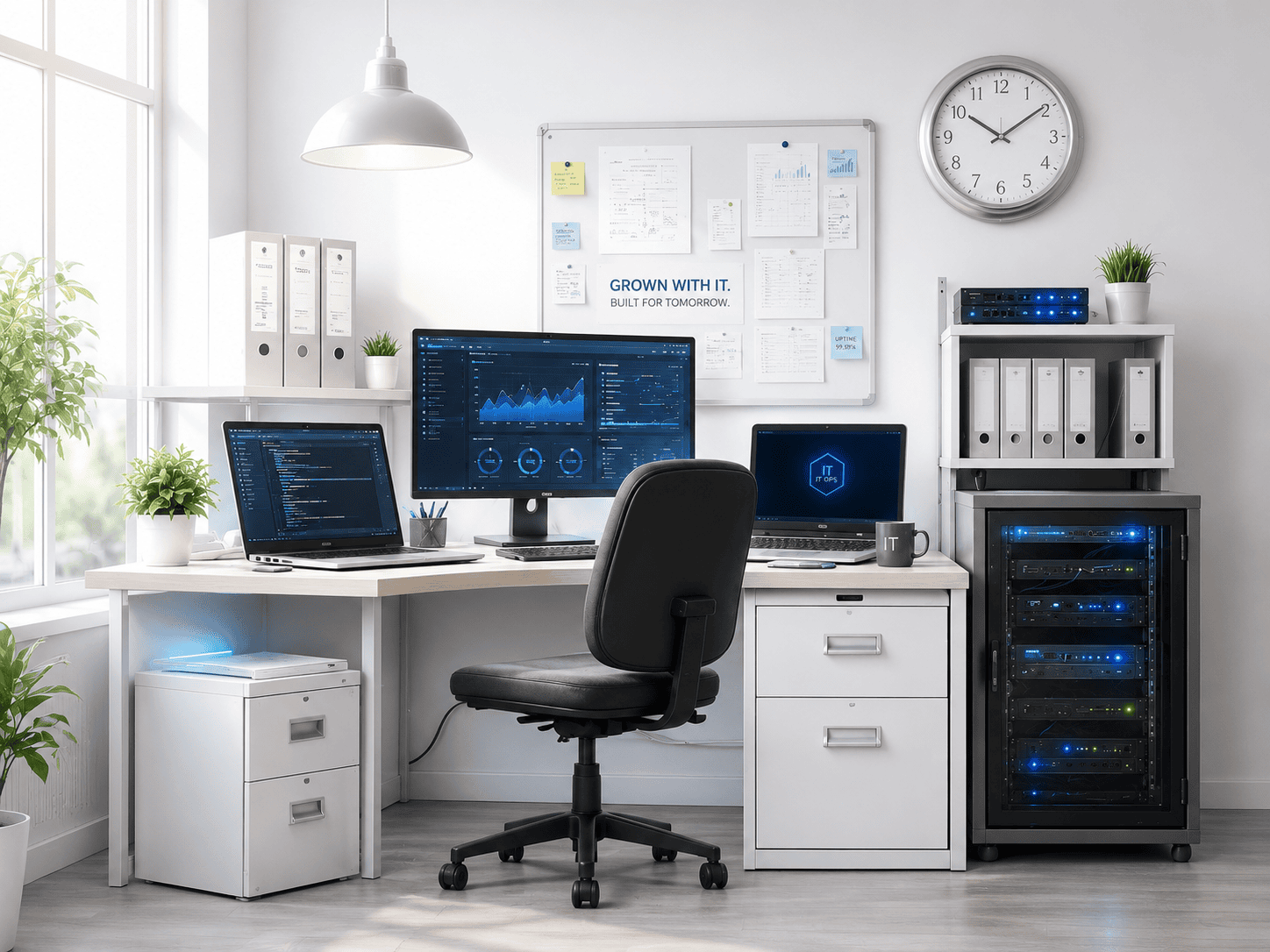 Modern IT workstation with dashboards and analytics